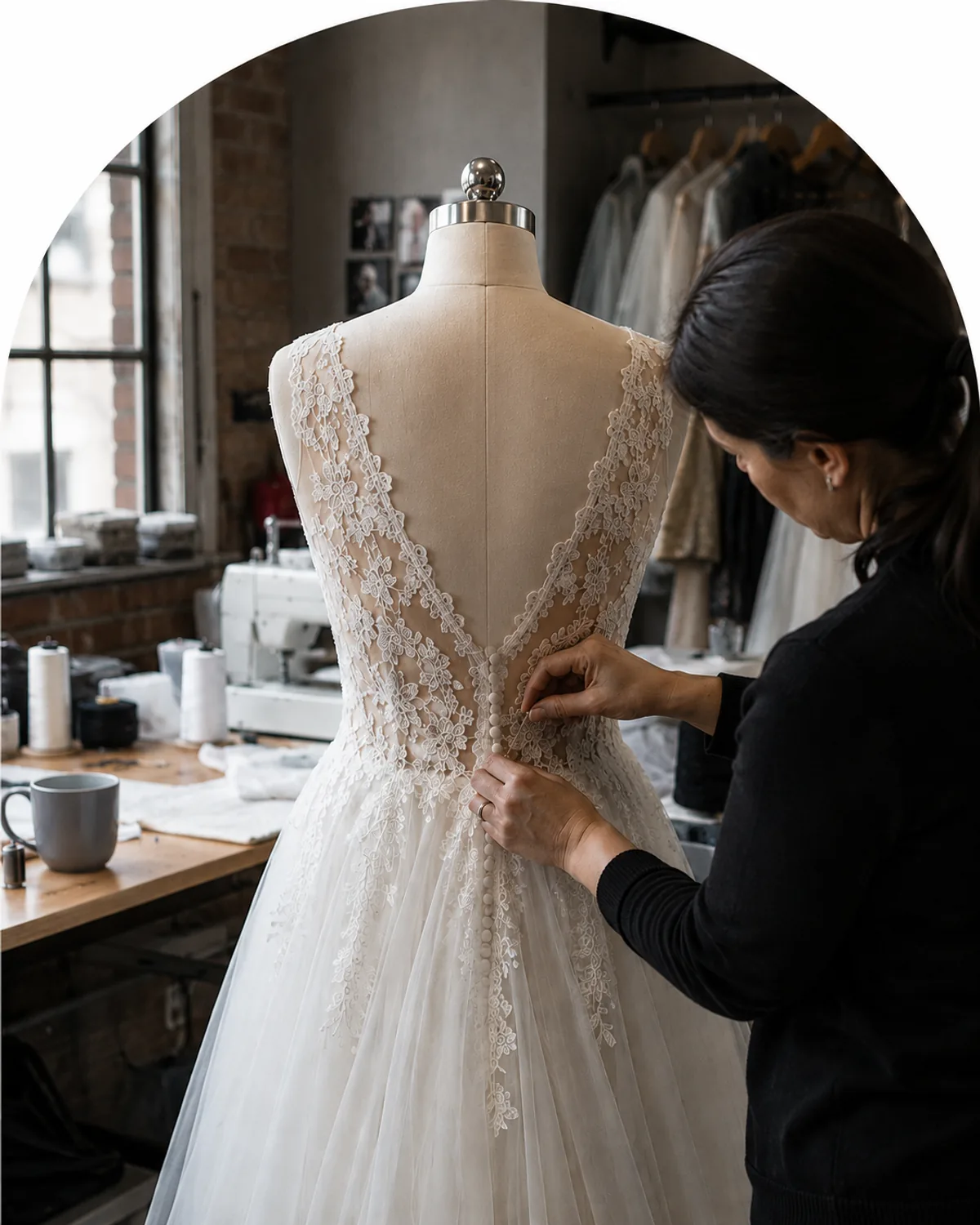 Tailor adjusting a wedding dress at Fatima Dry Cleaners in Toronto